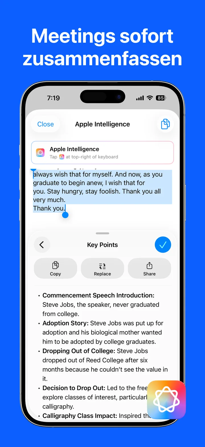 Sofortige Zusammenfassungen mit Apple Intelligence