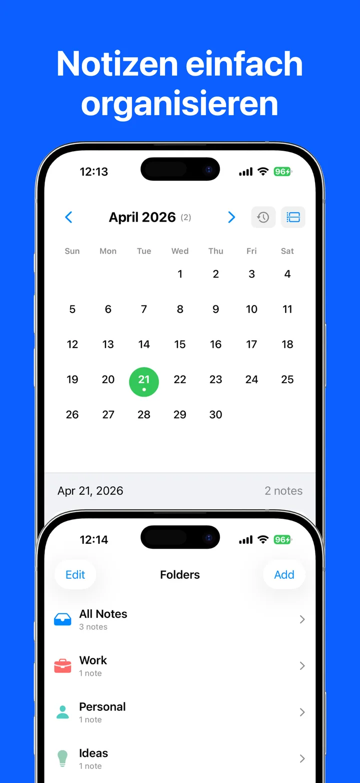 Notizen nach Ordner und Kalender sortiert