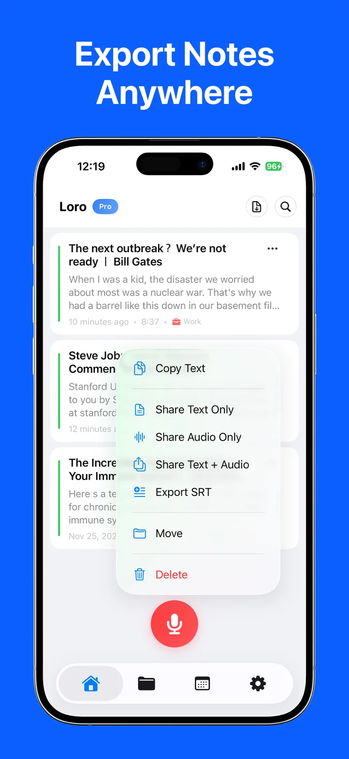 Export text, audio, or SRT anywhere