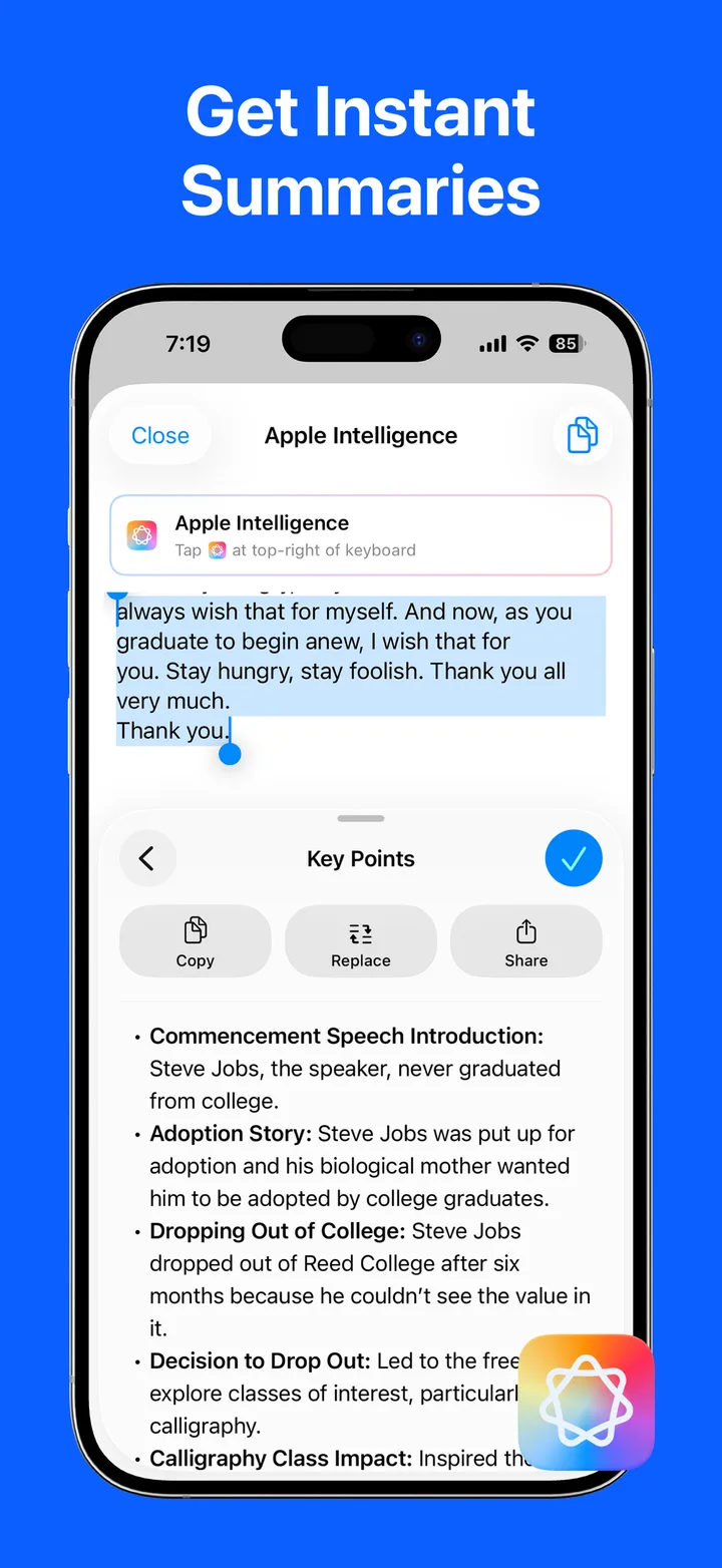 Instant summaries powered by Apple Intelligence