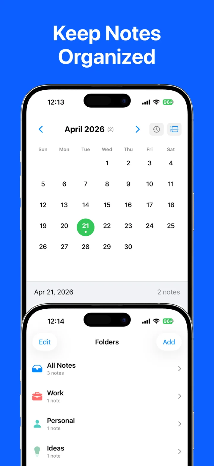 Notes organized by folder and calendar