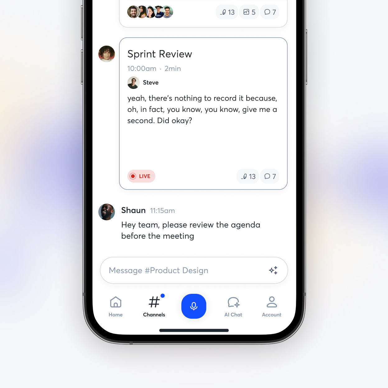 Official Otter.ai mobile interface showing a live transcript and comments inside a channel