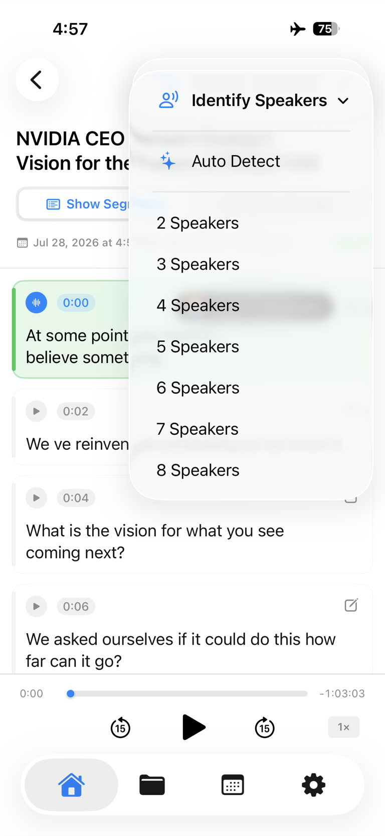 Menü zur Sprechererkennung in LoroNote mit automatischer Erkennung und zwei bis acht Sprechern