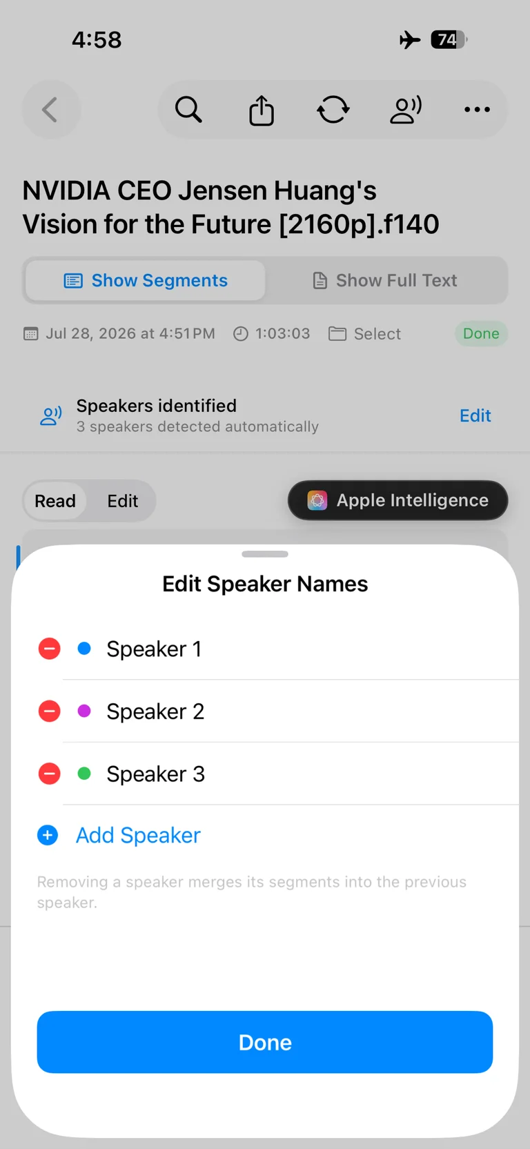 Tela do LoroNote para editar três nomes e adicionar um falante