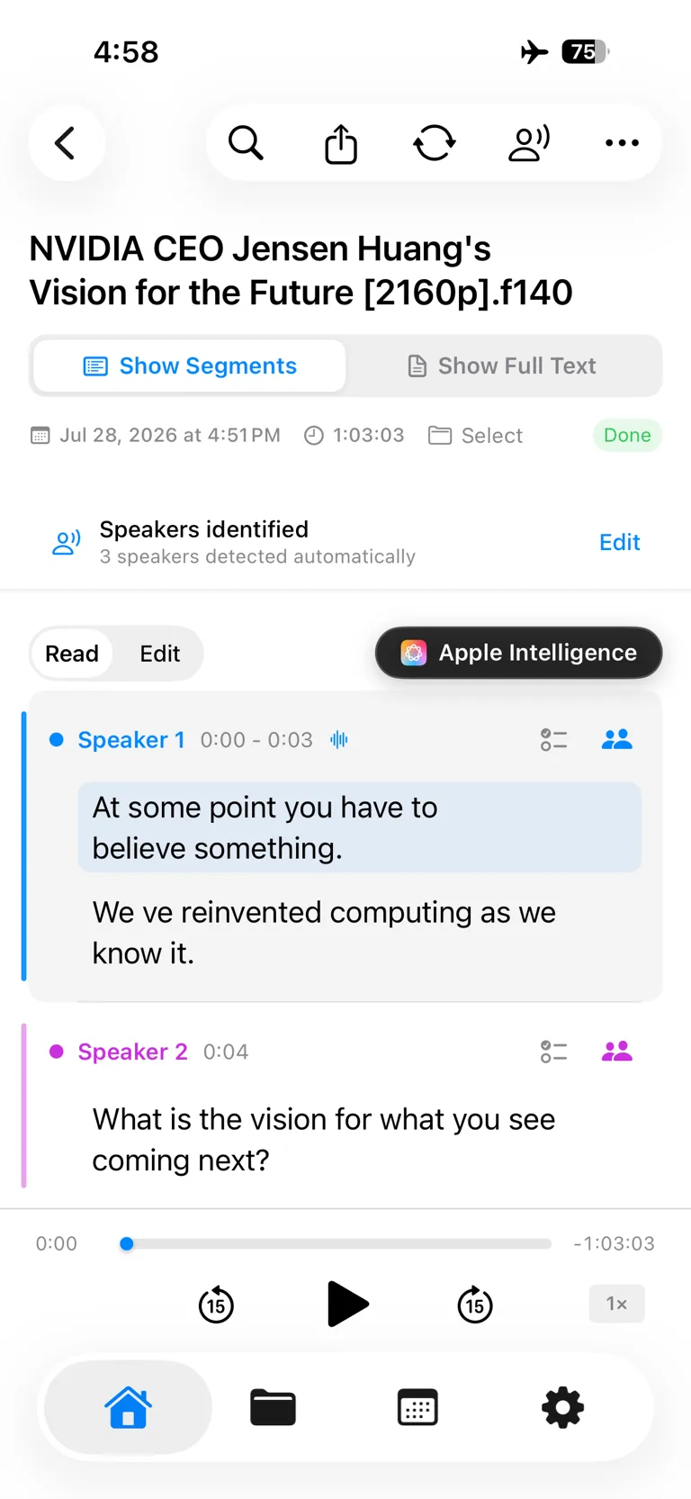 LoroNote transcript with speakers detected automatically and labeled by color